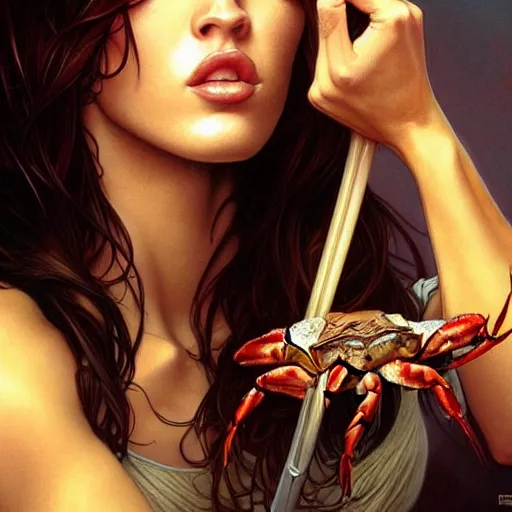 Prompt: Megan Fox eating crabs, closeup, D&D, fantasy, intricate, elegant, highly detailed, digital painting, artstation, concept art, matte, sharp focus, illustration, art by Artgerm and Greg Rutkowski and Alphonse Mucha