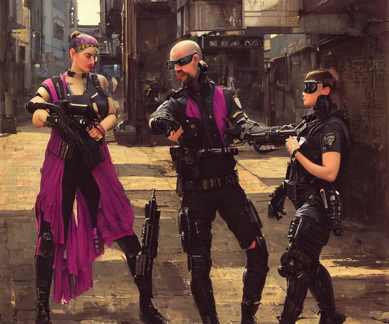 Prompt: Sara evades sgt Griggs. Fuchsia Cyberpunk hacker escaping Menacing Cyberpunk police trooper griggs wearing a combat vest. (dystopian, police state, Cyberpunk 2077, bladerunner 2049). Iranian orientalist portrait by john william waterhouse and Edwin Longsden Long and Theodore Ralli and Nasreddine Dinet, oil on canvas. Cinematic, vivid colors, hyper realism, realistic proportions, dramatic lighting, high detail 4k