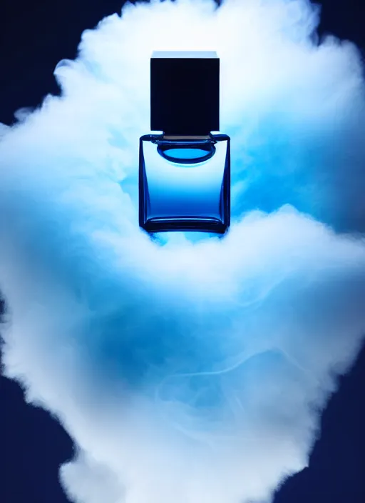 Image similar to perfume bottle standing in the center of an enchanted smokey cloud in the dark blue water, blurred background contoured smooth fair walls, up close shot, sharp focus, global illumination, radiant light, zaha hadid, irakli nadar, octane highly render, 4 k, ultra hd,