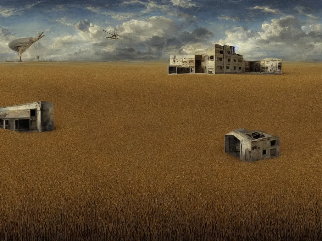 Prompt: A fantastic painting of a dilapidated post-modern building on a wheat field with an abandoned spaceship parked on the roof of the building, by Mat Collishaw, Trending on artstation, very detailed