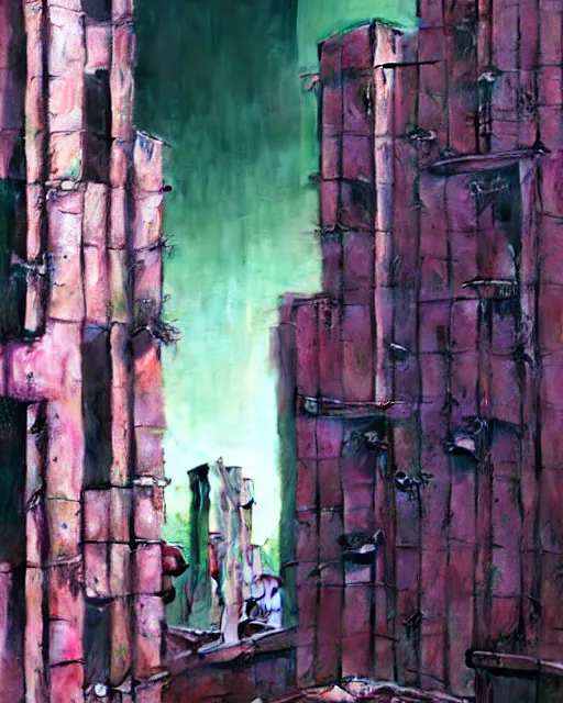 Image similar to hyperrealistic ornate mecha iridescent pink brutalist city ruins background concept art santiago caruso de chirico sharp very dramatic green light 8k low angle shallow depth of field