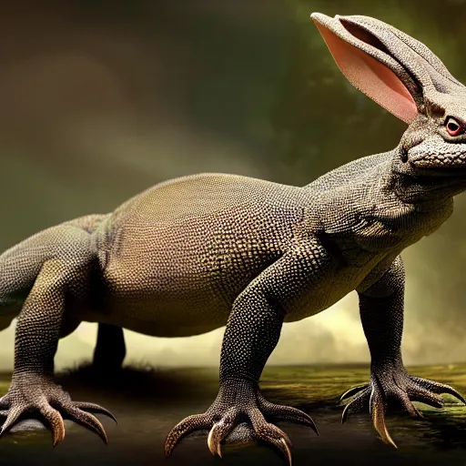 Image similar to hybrid of a Komodo dragon and a rabbit in middle earth, full body shot, sharp focus, ultra-detailed, photorealistic, complex, intricate, 3-point perspective, hyper detailed, IMAX quality, cinematic, finely detailed, small details, extra detail, symmetrical, high resolution, photo, 8k, award-winning, awe-inspiring, ground-breaking, masterpiece