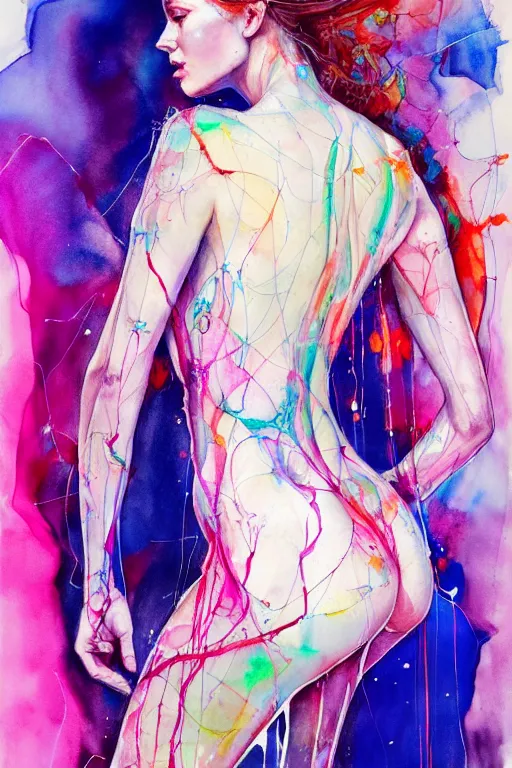 Image similar to sophia vergara by agnes cecile enki bilal moebius, intricated details, 3 / 4 back view, bendover posture, full body portrait, extremely luminous bright design, pastel colours, drips, autumn lights