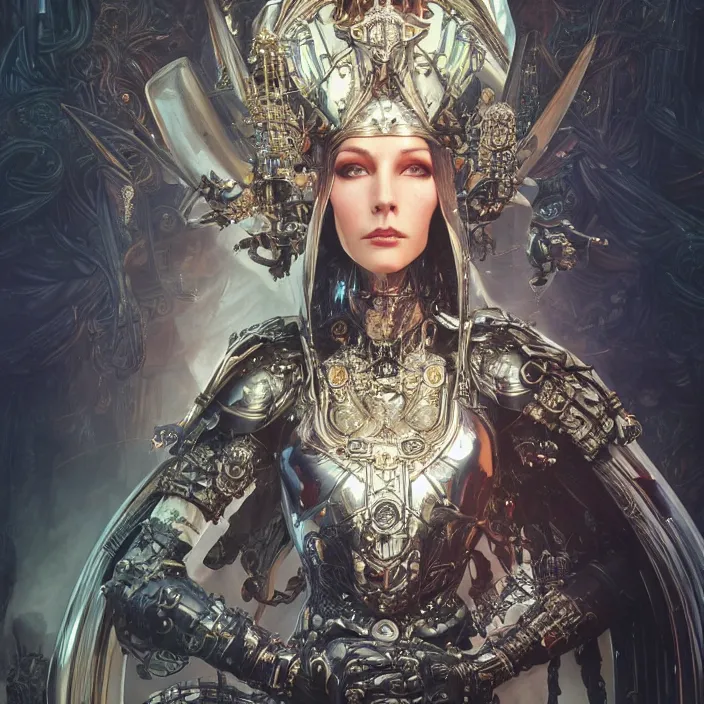 Image similar to mystical evil android queen with obsidian eyes, wearing an elaborate helmet, inside a wax palace, ultra realistic, concept art, intricate details, serious, highly detailed, photorealistic, octane render, 8 k, unreal engine, art by todd mcfarlane and artgerm and greg rutkowski and alphonse mucha