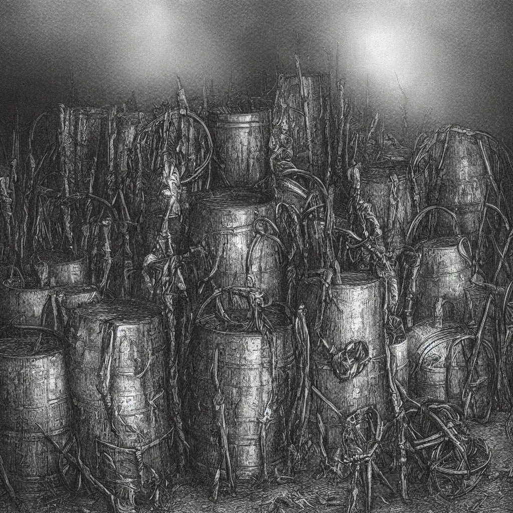 Image similar to steel barrels in a graveyard, creepy atmosphere, dark, portrait, realistic, very realistic, illustration by gustave dore
