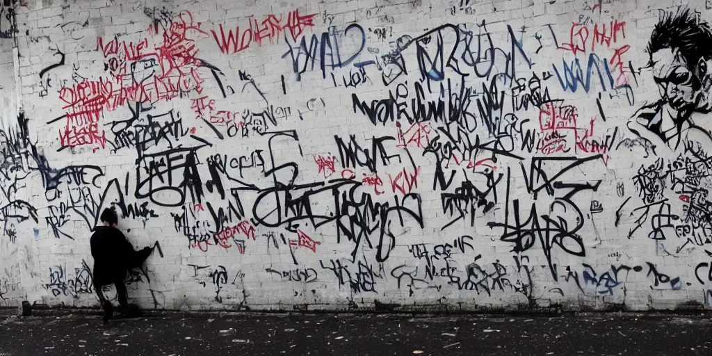 Prompt: war on drugs graffiti on a wall in london, karen knorr, daido moriyama