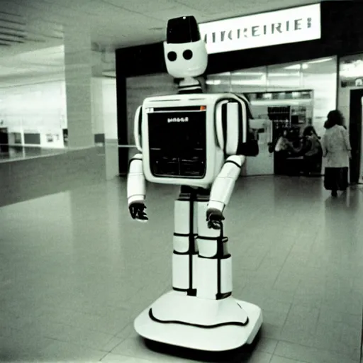 Prompt: ASIMO robot in a shopping mall, 1977, Polaroid