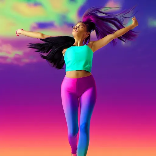 Image similar to a award winning full body shot of a beautiful woman in a croptop and leggings with a ombre purple pink teal hairstyle with head in motion and hair flying, outrun, vaporware, vivid colors, highly detailed, fine detail, intricate