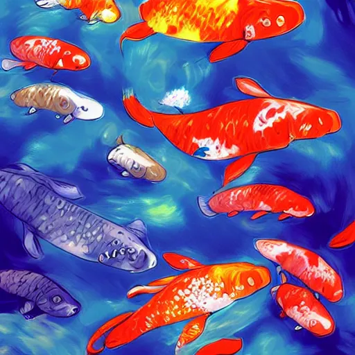 Prompt: dozens of the koi fish swimming trough the universe, digital art by the Ori Toor