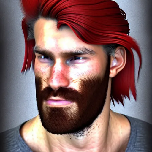 Image similar to portrait of a ruggedly handsome!!!!! male ship captain with long red hair!!!!!!, 30 years old, upper body, wavey hair, muscular, friendly, playful, D&D, hairworks, Unreal 4, fantasy, elegant, highly detailed, digital painting, hairworks, deviantart, artstation, concept art, sharp focus, dramatic lighting, illustration, art by Artgerm and Greg Rutkowski and Alphonse Mucha