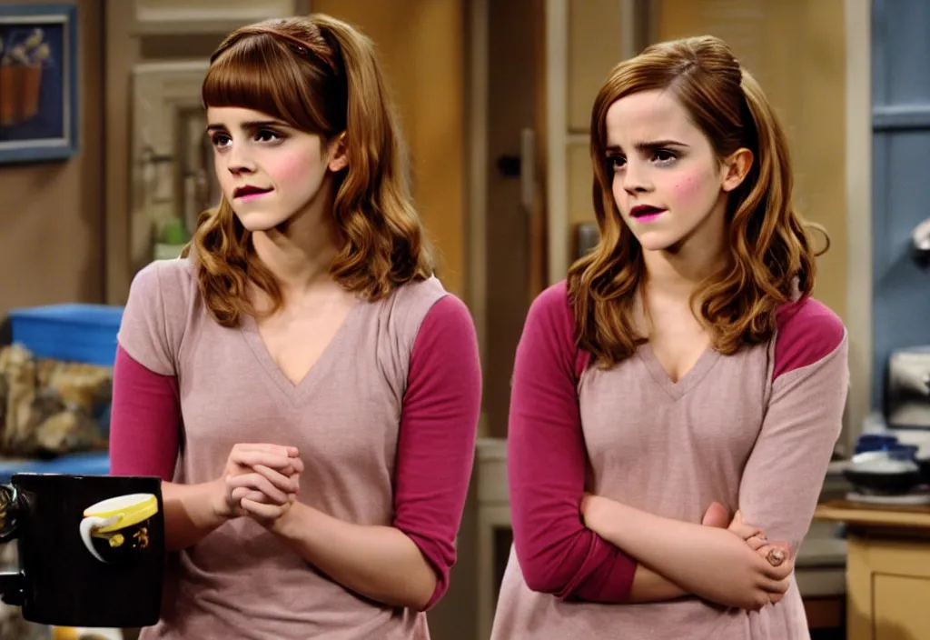 Prompt: emma watson as penny from the big bang theory episode 1, stills from the sitcom