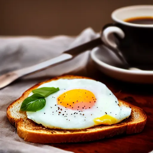 Prompt: egg on toast with coffee, shallow depth of field, hazy yellow light