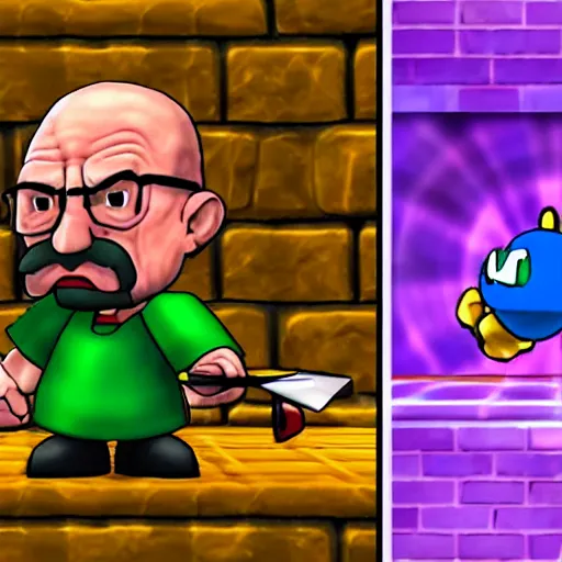 Image similar to walter white fighting kirby in super smash bros gamecube graphics