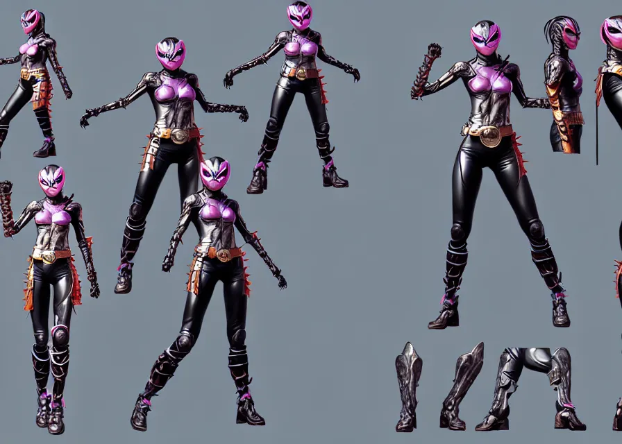Image similar to female kamen rider character concept art sprite sheet of abstract tiger concept, big belt, fangs, human structure, concept art, hero action pose, human anatomy, intricate detail, hyperrealistic art and illustration by irakli nadar and alexandre ferra, unreal 5 engine highlly render, global illumination