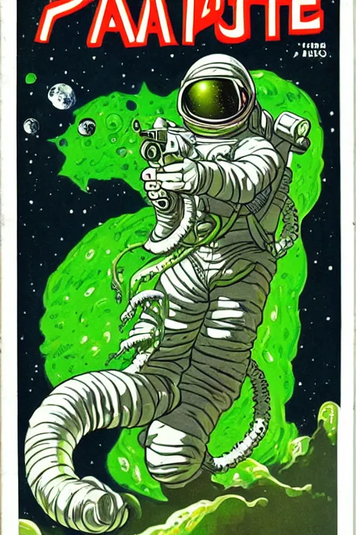 Image similar to pulp cover astronaut wielding a gun, green lunar surface, tentacle monster