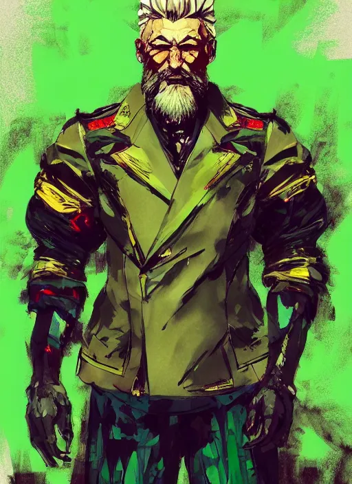 Image similar to Full body portrait of an old muscular man with blonde hair and beard red, green and gold jacket. In style of Yoji Shinkawa and Hyung-tae Kim, trending on ArtStation, dark fantasy, great composition, concept art, highly detailed.