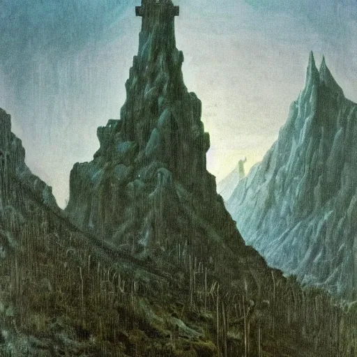 Image similar to minas morgul detailed oil on canvas in the style of Caspar david Friedrich,