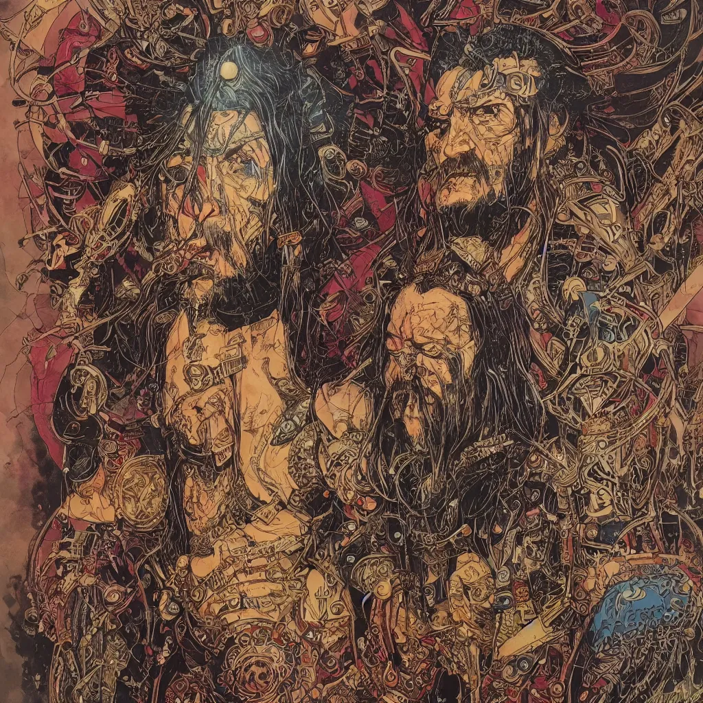 Image similar to A dramatic full-color art nouveau and tribal viking styled bust panorama portrait of lemmy kilmister as a spacepunk god-king of the universe, hyperdetailed mixed media artwork combining the styles of Travis Charest, Michael Whelan, Bill Sienkiewicz, Duncan Fegredo, Simon Bisley, Alphons Mucha, Dave McKean and Karol Bak, vast power, stoicism, pessimism, confident shaded eyes, tarnished and rusted metal, wrought iron architecture, perfectly symmetrical facial features, 8k, deeply hyperdetailed, cinematic lighting, realistic mechanical details, 8k, UHD, HDR