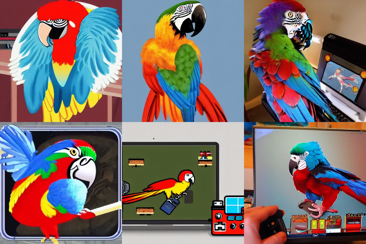 Prompt: macaw wrapped in a blanket, playing retro video games on a personal computer