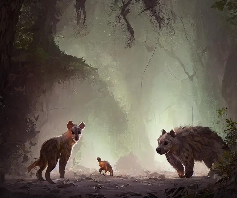 Prompt: a beautiful painting of a cute brown hyena and a gray otter in a forest. disney character design by cory loftis, fenghua zhong, ryohei hase, ismail inceoglu and ruan jia. artstation, volumetric light, detailed, photorealistic, rendered in octane