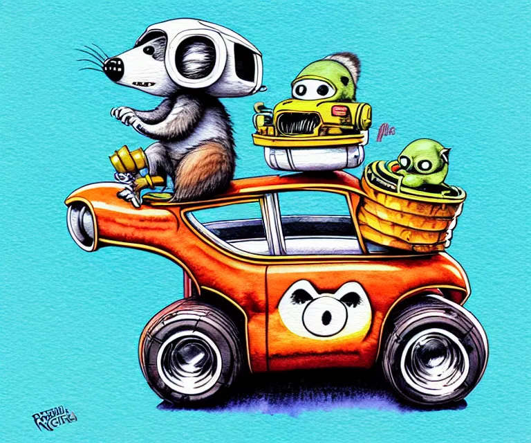 Image similar to cute and funny, racoon wearing a helmet riding in a tiny hot rod with oversized engine, ratfink style by ed roth, centered award winning watercolor pen illustration, isometric illustration by chihiro iwasaki, edited by craola, tiny details by artgerm and watercolor girl, symmetrically isometrically centered