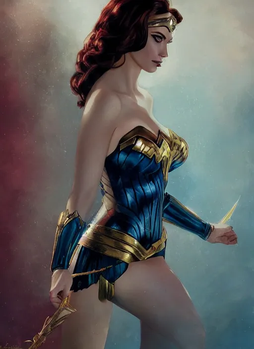 Image similar to full length photo of gorgeous christina hendricks dressed as wonder woman in the style of stefan kostic, realistic, sharp focus, 8k high definition, insanely detailed, intricate, elegant, art by stanley lau and artgerm