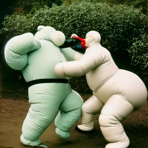 Image similar to a 3 5 mm photography, kodachrome colour, of grandpa fighting with white michelin man costume, riding a hippo, strange creatures and alien plants around, photos taken by martin parr - h 9 6 0 - w 1 0 8 8