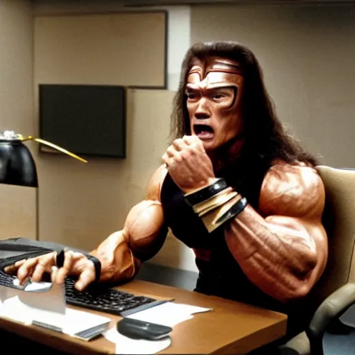Prompt: actor arnold schwarzenegger as conan the barbarian sitting at a desk, as an office worker, in an office, inside an office building, sitting at a desk, angrily shouting at a laptop, angry at laptop, laptop computer, computer trouble, technical difficulties, software error, crisp lighting, corporate photography