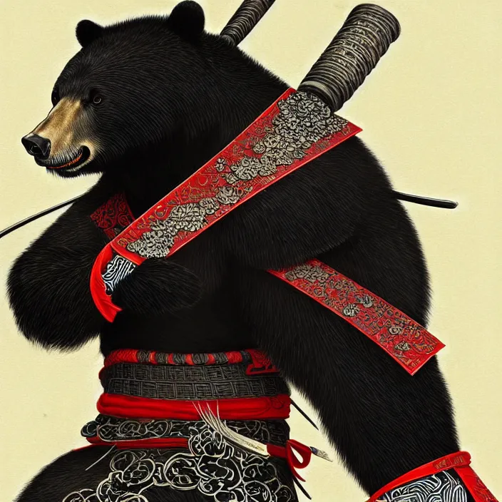 Image similar to anthropomorphic samurai asian black bear, fantasy, intricate, highly detailed, lifelike, photorealistic, digital painting, artstation, illustration, concept art, smooth, sharp focus, art by ogata korin and aya takano