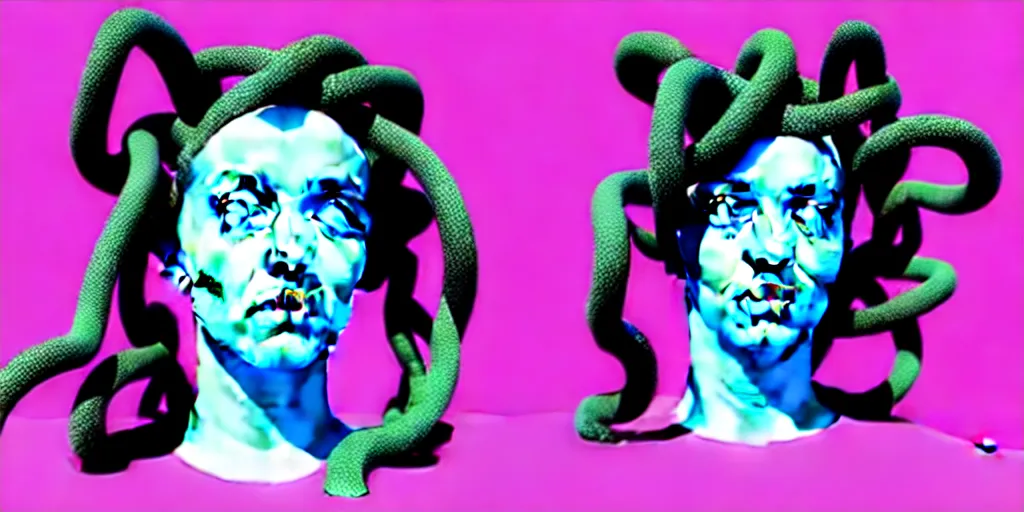 Image similar to modern sculpture, young woman as medusa, multiple poses, androgynous, vaporwave, vhs still