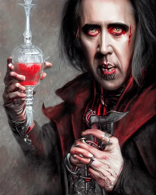 Image similar to nicolas cage as dracula, drink blood, highly detailed, centered, artstation, concept art, smooth, sharp focus, illustration, bokeh art by artgerm and donato giancola and joseph christian leyendecker