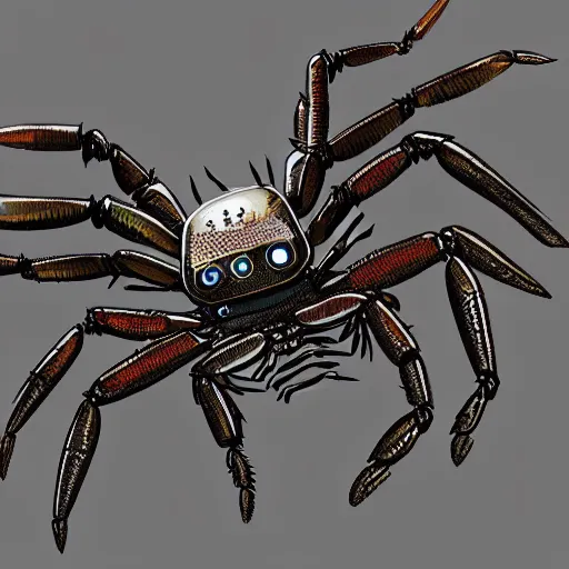Prompt: cyborg robot, crab, jumping spider, concept art