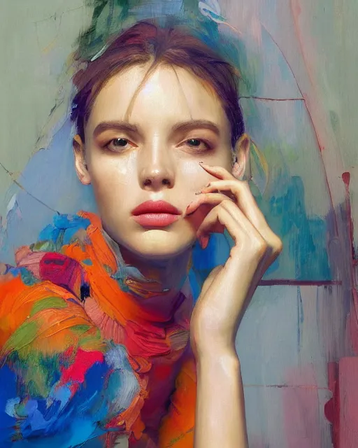 Image similar to a ultradetailed beautiful panting of a stylish woman sitting on the floor in a tiled room, she is wearing streetwear, bright colors, highly detailed face, oil painting, by ruan jia