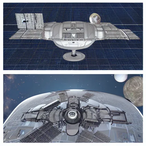 Image similar to top view, side view and front view of a science fiction space station, concept art, digital art