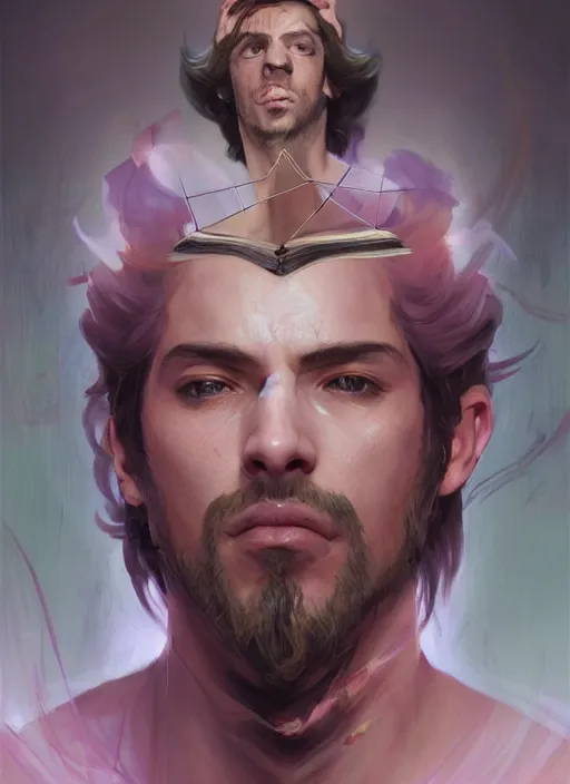 Image similar to character concept portrait of an attractive young smirking Spanish wizard with pink skin conjuring a love spell, a floating iridescent spell book in the center, intricate, elegant, digital painting, concept art, smooth, sharp focus, illustration, from Metal Gear, by Ruan Jia and Mandy Jurgens and William-Adolphe Bouguereau, Artgerm