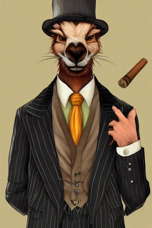 Image similar to beautiful portrait commission of a male furry anthro mountain goat wearing a pinstripe suit and waistcoat, smoking a cigar, award-winning character art, detailed, trending on artstation