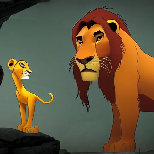 Prompt: the lion king visits glados in the world of portal