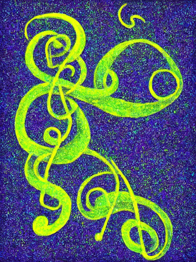 Image similar to a digital painting of an acorn that turns into a tree in the shape of a treble clef with some light effects, dynamic and energetic