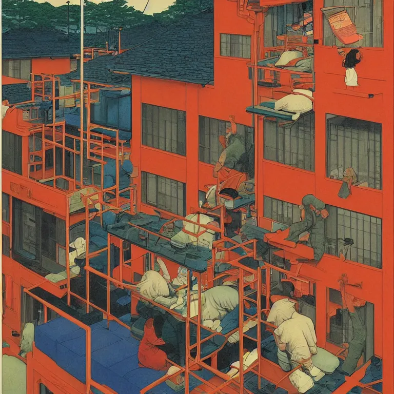 Prompt: workers exploited, living in hostels with bunk beds stacked on top of one another, by kawase hasui, moebius and edward hopper, vivid bright light, colorful flat surreal design, hd, 4 k, artstation