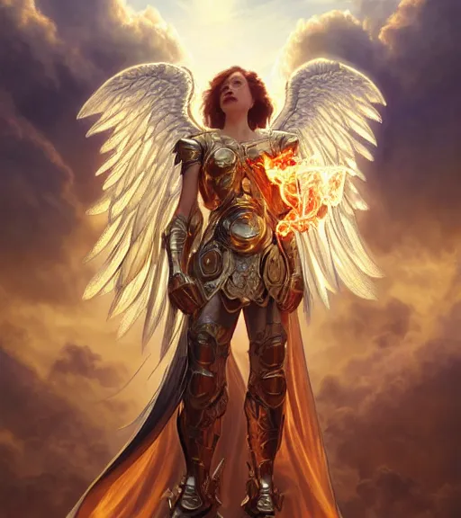 Image similar to A beautiful angel wearing metallic battle armor and a flaming sword, wing, among heavenly sunlit clouds, close-up shot, intricate, elegant, digital painting, golden hour, cinematic, trending on artstation, concept art, smooth, sharp focus, illustration, art by artgerm and Greg Rutkowski and Alphonse Mucha