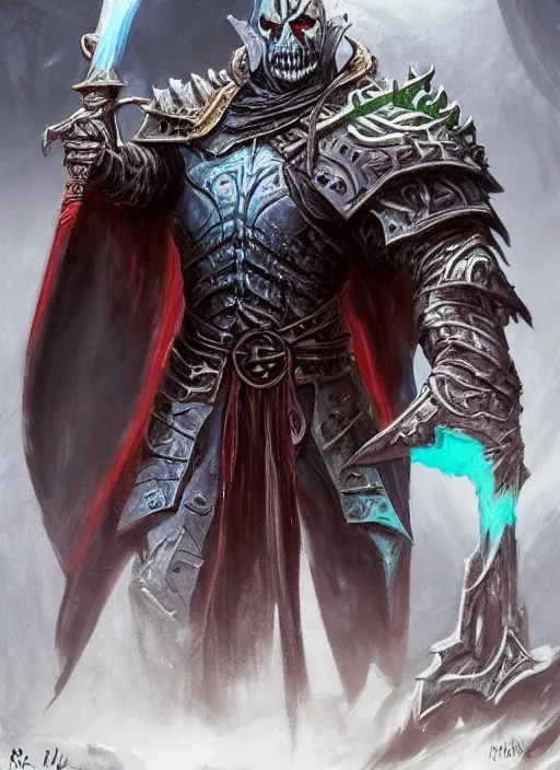 Image similar to death knight, ultra detailed fantasy, dndbeyond, bright, colourful, realistic, dnd character portrait, full body, pathfinder, pinterest, art by ralph horsley, dnd, rpg, lotr game design fanart by concept art, behance hd, artstation, deviantart, hdr render in unreal engine 5