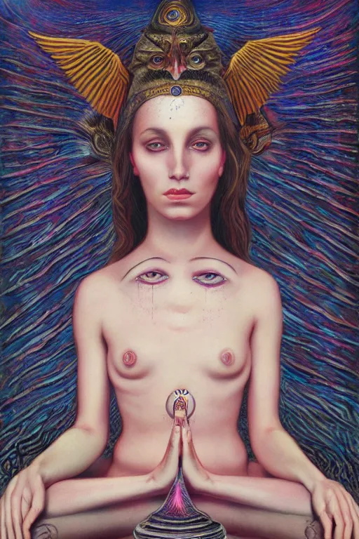 Prompt: mystic cult girl performing realism third eye ritual, expanding energy into waves into the ethos, epic surrealism 8k oil painting, portrait, high definition, post modernist layering, by Ernst Fuchs, Gerald Brom