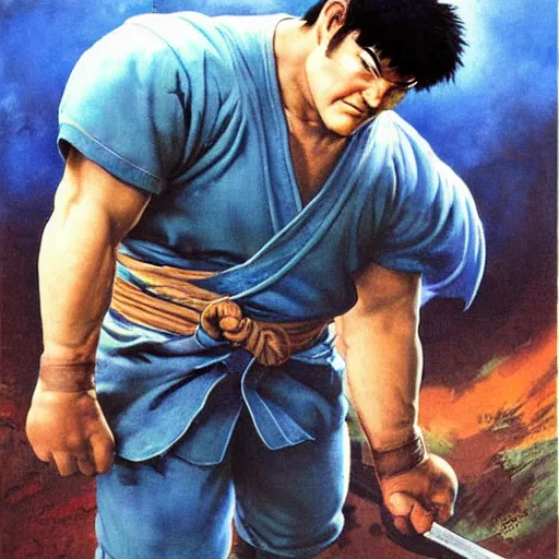 Prompt: david koechner as ryu from street fighter, painting by frank frazetta, 4 k, ultra realistic, highly detailed,