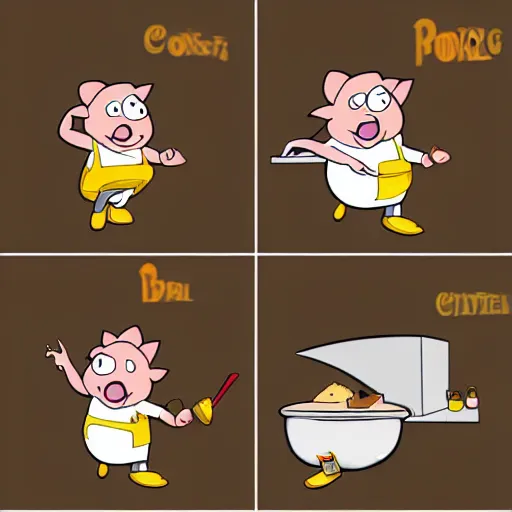 Image similar to cartoon characters, rick and porky cooking a brisket, cell animation