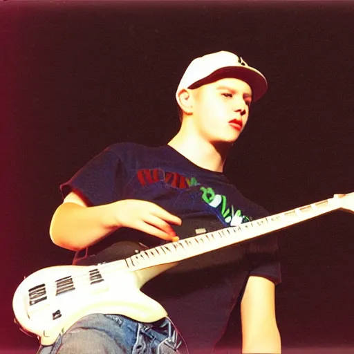 Prompt: 19-year-old white boy wearing backwards baseball cap, baggy jeans, playing 7-string guitar, nü metal concert, rap metal, alternative metal, 1999 photograph