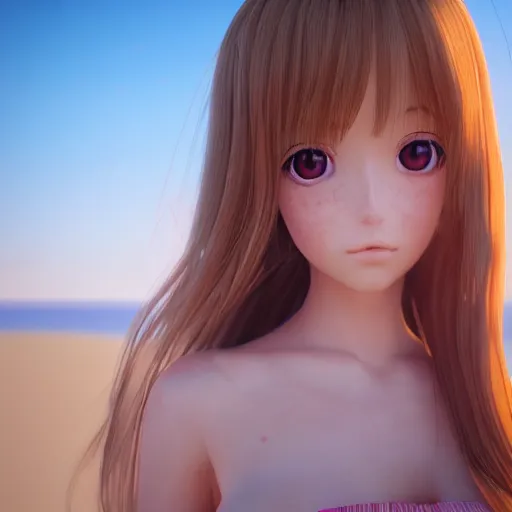 Image similar to Render of a very beautiful 3d anime girl, long hair, hazel eyes, cute freckles, full round face, short smile, cute sundress, golden hour, serene beach setting, medium shot, mid-shot, highly detailed, trending on Artstation, Unreal Engine 4k