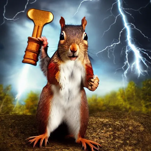 Prompt: a squirrel with thor outfit ~ holding the hammer ~ photorealistic ~ dramatic thunder background ~ trending ~