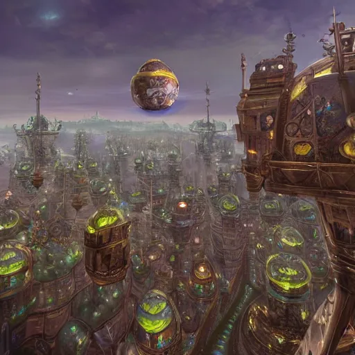 Image similar to enormous flying city!! in a gigantic faberge egg, sky!!!, steampunk, aetherpunk, skydocks, fantasy art, unreal engine,