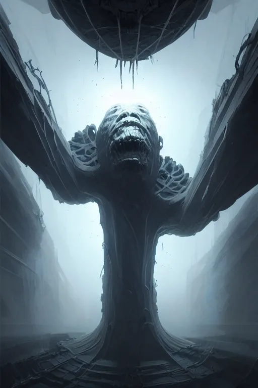 Image similar to professional concept art of a symmetrical ominous floating terrifying thing in a dark room by artgerm and greg rutkowski ( thin white border ). an intricate, elegant, highly detailed digital painting, concept art, smooth, sharp focus, illustration, in the style of cam sykes, wayne barlowe, igor kieryluk.