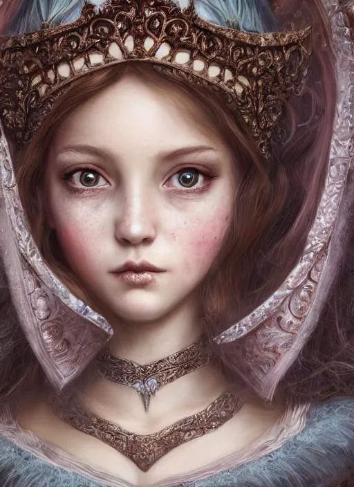 Prompt: closeup portrait of a fairytale medieval princess, depth of field, zeiss lens, detailed, symmetrical, centered, fashion photoshoot, by nicoletta ceccoli, mark ryden, lostfish, earl norem, breathtaking, 8 k resolution, extremely detailed, beautiful, establishing shot, artistic, hyperrealistic, beautiful face, octane render